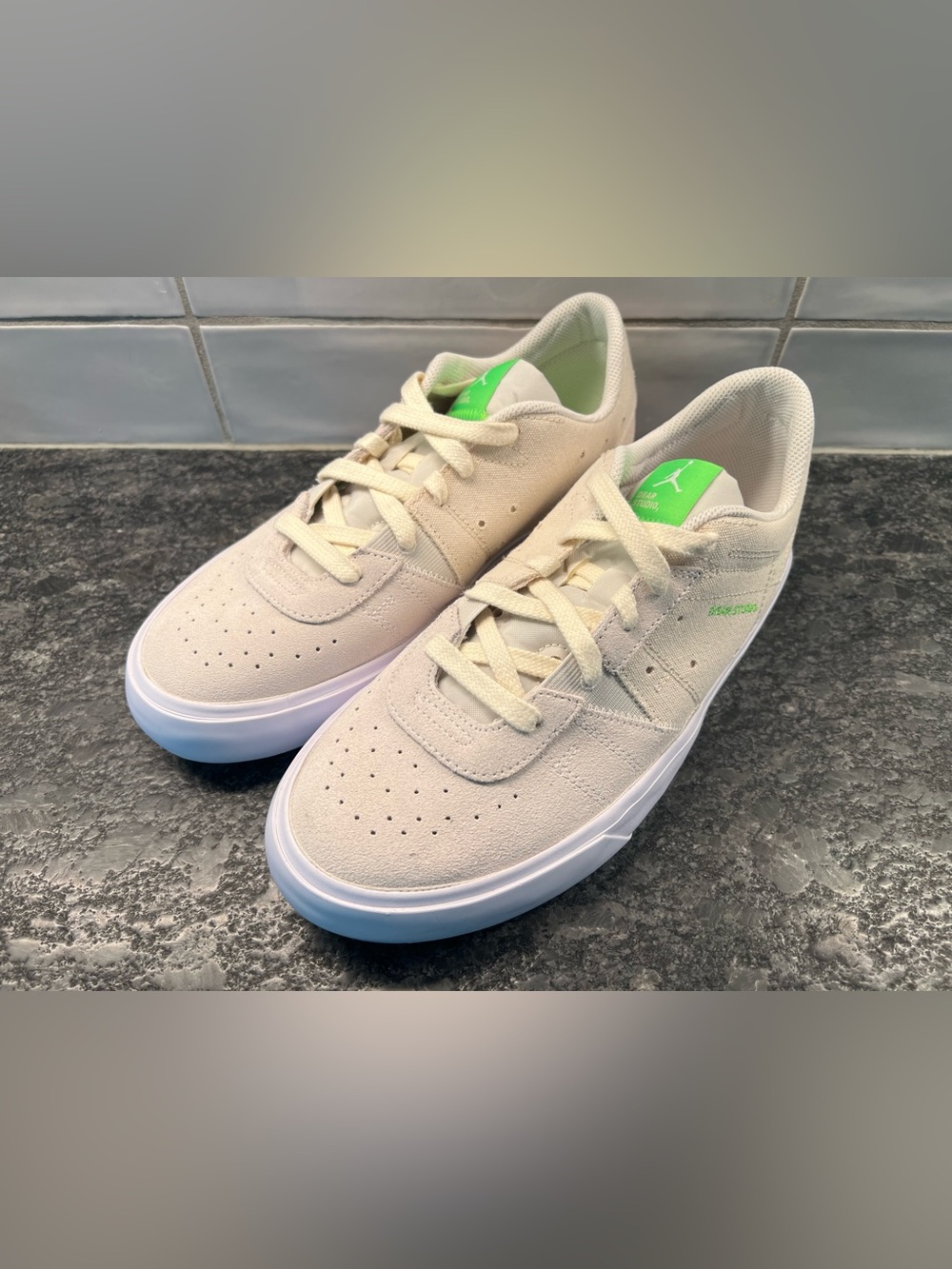 Jordan Low-Top Sneakers in Cream with Neon Green Tongue Accents